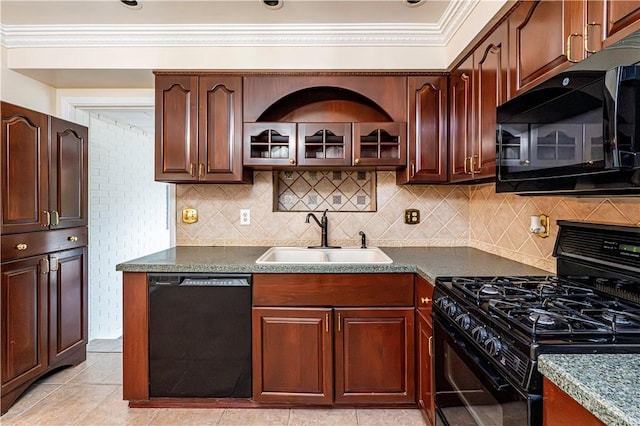 4045 Blue Willow, Hempfield Twp, PA 15642 - kitchen with black appliances, backsplash, ornamental molding, dark countertops, and light tile patterned flooring