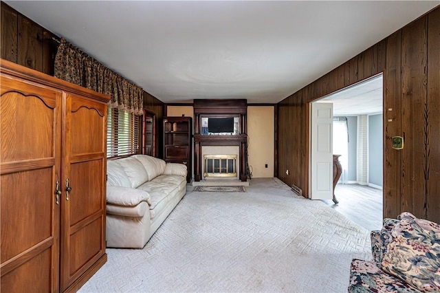 4045 Blue Willow, Hempfield Twp, PA 15642 - living area with wooden walls, a glass covered fireplace, and light carpet