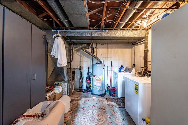 4045 Blue Willow, Hempfield Twp, PA 15642 - unfinished basement featuring washer and clothes dryer, concrete block wall, gas water heater, and heating unit