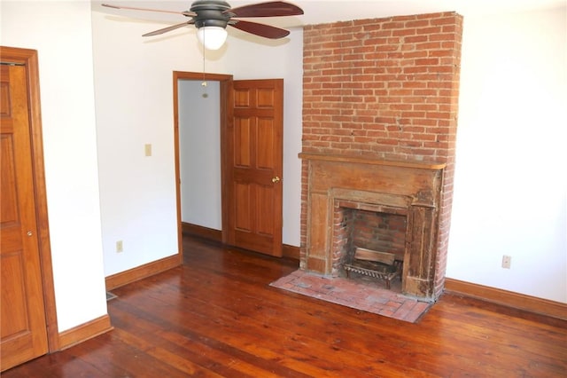611 Jacksonia St, Central North Side, PA 15212 - unfurnished living room with hardwood / wood-style flooring, a ceiling fan, and a brick fireplace