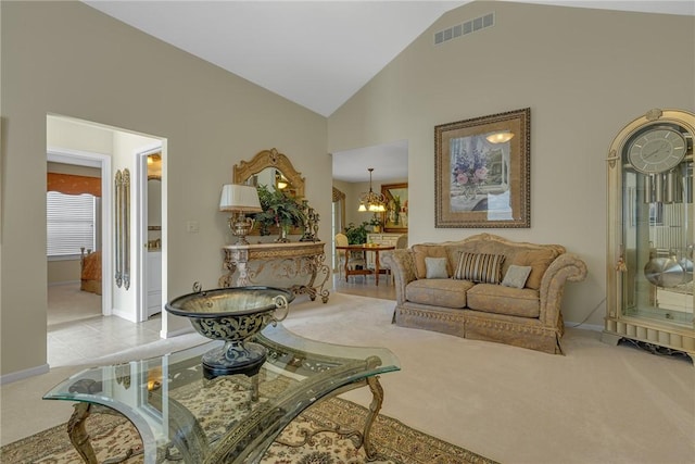 1101 Timberwood, Chippewa Twp, PA 15010 - carpeted living room featuring a chandelier and high vaulted ceiling