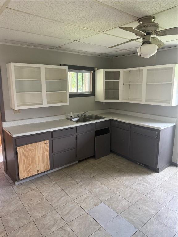 965 Leeds, Monessen, PA 15062 - kitchen featuring open shelves, ceiling fan, a paneled ceiling, light countertops, and gray cabinetry