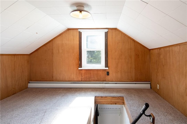 963 Herman Rd, Summit Twp, PA 16002 - bonus room featuring lofted ceiling, carpet flooring, a baseboard heating unit, and wood walls
