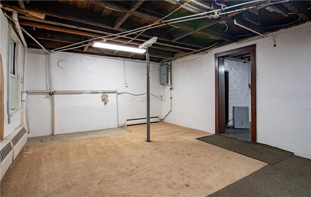 963 Herman Rd, Summit Twp, PA 16002 - unfinished basement featuring baseboard heating, electric panel, and carpet flooring