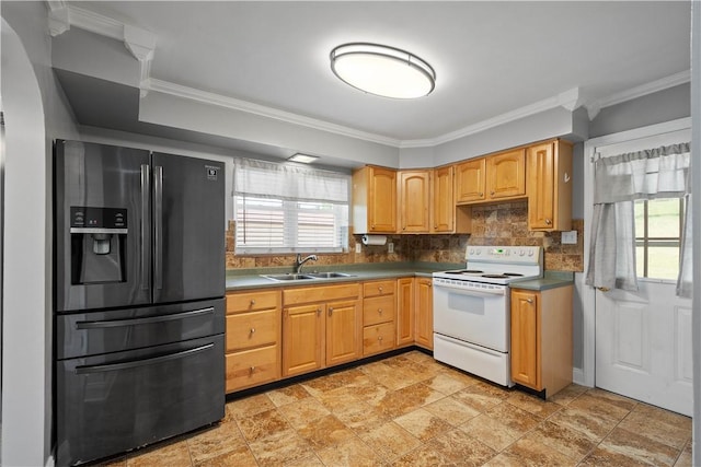 57 Welcome St, East Bethlehem, PA 15333 - kitchen featuring stainless steel refrigerator with ice dispenser, white electric range oven, tasteful backsplash, crown molding, and light stone finish floors