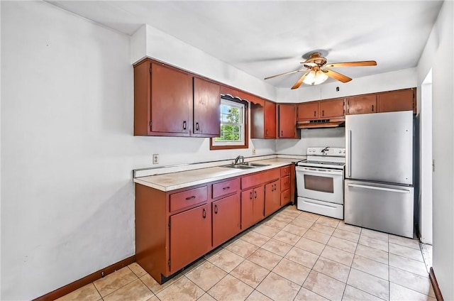 129 Shenango Park Rd, Pymatuning Twp, PA 16154 - kitchen featuring freestanding refrigerator, white range with electric stovetop, a ceiling fan, light countertops, and light tile patterned floors
