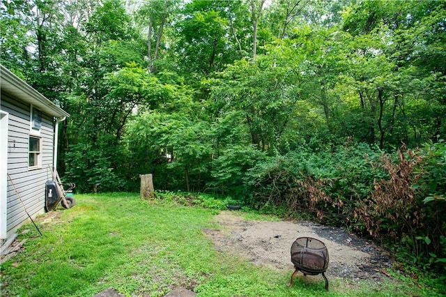 385 Wallace Run Rd, Big Beaver, PA 15010 - view of green lawn with an outdoor fire pit and a forest view