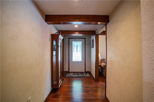 385 Wallace Run Rd, Big Beaver, PA 15010 - entryway with a textured wall, dark wood-type flooring, and beamed ceiling