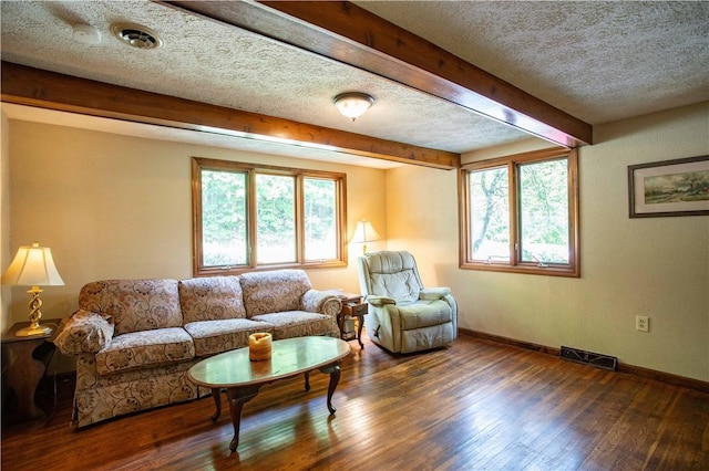 385 Wallace Run Rd, Big Beaver, PA 15010 - living room featuring beam ceiling, wood finished floors, and a textured ceiling