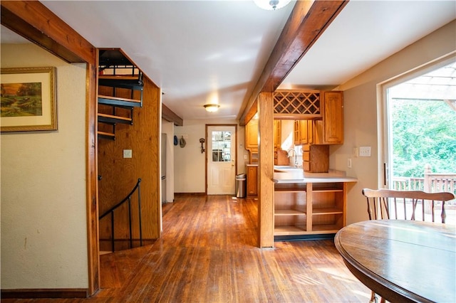 385 Wallace Run Rd, Big Beaver, PA 15010 - kitchen with wood-type flooring, light countertops, and beam ceiling