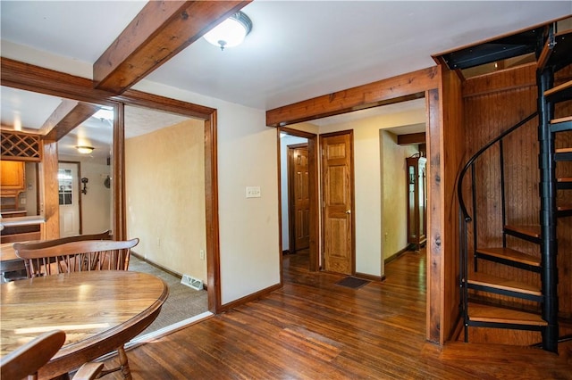 385 Wallace Run Rd, Big Beaver, PA 15010 - dining area with stairs, dark wood-type flooring, and beamed ceiling