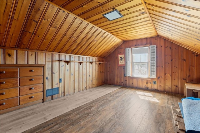 827 Beaver Rd, Ambridge, PA 15003 - additional living space with wood-type flooring, lofted ceiling, wood ceiling, and wooden walls