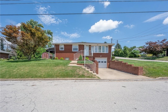 1936 Sylvan Ave, Latrobe, PA 15650 - view of front of home with an attached garage, driveway, a front yard, brick siding, and a storage unit