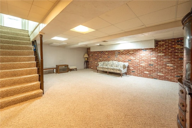 1936 Sylvan Ave, Latrobe, PA 15650 - finished basement with brick wall, carpet flooring, stairs, and a drop ceiling