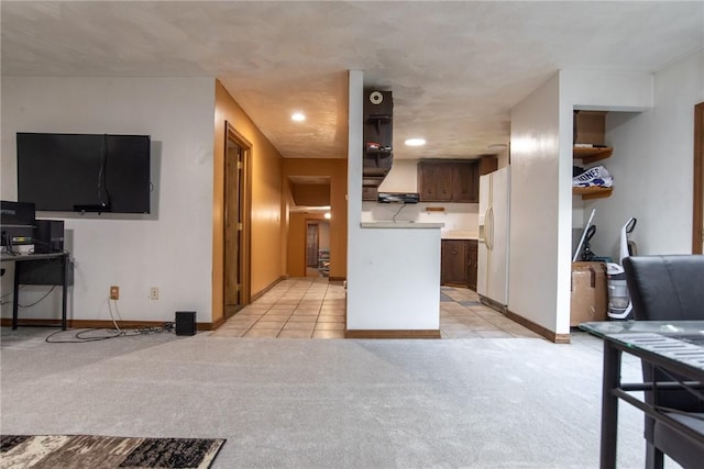 151 Cove Run Rd, Bradys Bend Twp, PA 16028 - kitchen with light colored carpet, light countertops, white fridge with ice dispenser, light tile patterned flooring, and recessed lighting
