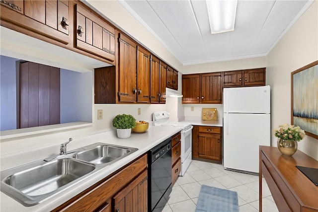 820 E Beau St Unit Tlc, South Strabane, PA 15301 - kitchen featuring white appliances, light countertops, light tile patterned floors, under cabinet range hood, and brown cabinets