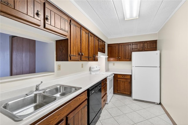 820 E Beau St Unit Tlc, South Strabane, PA 15301 - kitchen with white appliances, light countertops, light tile patterned floors, under cabinet range hood, and brown cabinetry