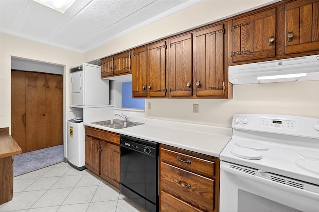 820 E Beau St Unit Tlc, South Strabane, PA 15301 - kitchen with white electric stove, stacked washer / drying machine, ventilation hood, black dishwasher, and light countertops