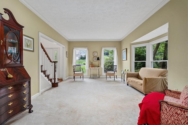 2001 Buckingham Dr, Marshall, PA 16046 - sitting room featuring carpet flooring, stairway, healthy amount of natural light, a textured ceiling, and crown molding