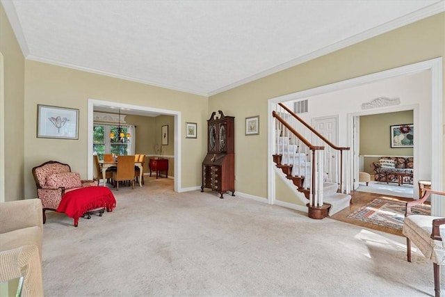 2001 Buckingham Dr, Marshall, PA 16046 - living area featuring carpet floors, stairway, crown molding, and a chandelier