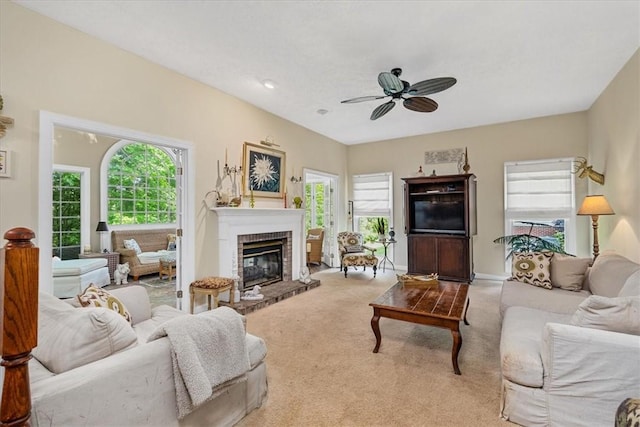 2001 Buckingham Dr, Marshall, PA 16046 - carpeted living room with ceiling fan, healthy amount of natural light, and a brick fireplace