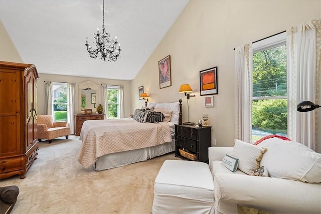 2001 Buckingham Dr, Marshall, PA 16046 - bedroom with a chandelier, multiple windows, light carpet, and high vaulted ceiling