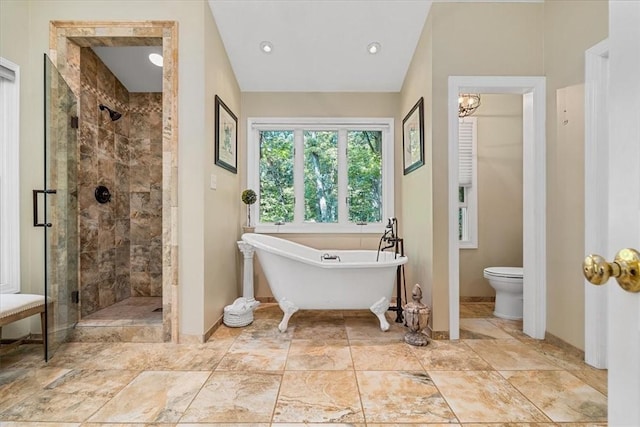 2001 Buckingham Dr, Marshall, PA 16046 - bathroom with a stall shower, a soaking tub, recessed lighting, and a chandelier