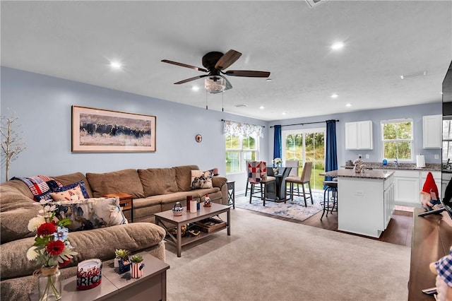 238 Smith Ln, Chippewa Twp, PA 15010 - living room with wood finished floors, ceiling fan, and recessed lighting