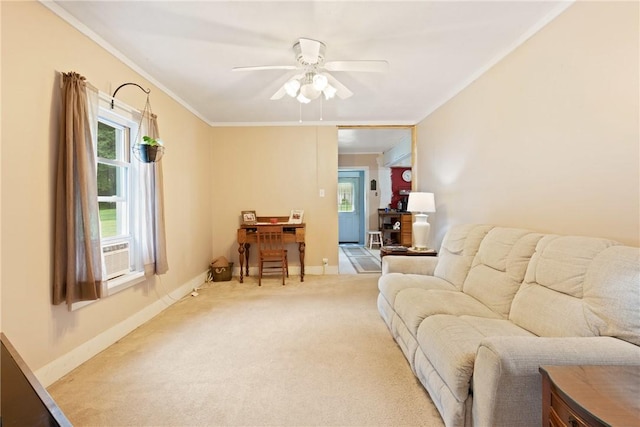 136 B St, Shade Twp, PA 15563 - living area with light carpet, ceiling fan, and crown molding