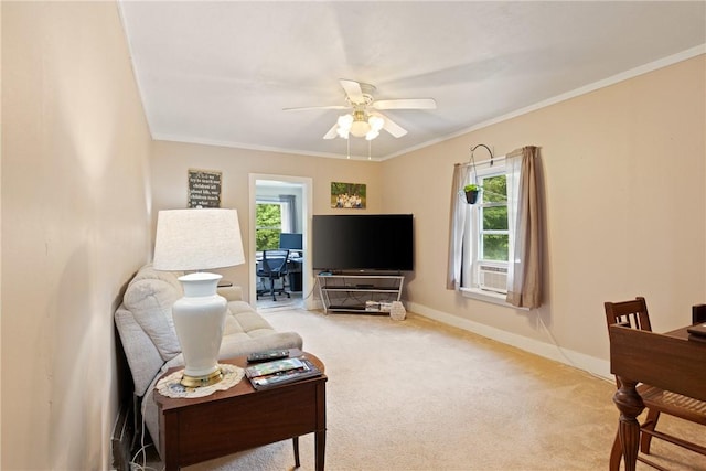 136 B St, Shade Twp, PA 15563 - living room with ceiling fan, light colored carpet, and crown molding
