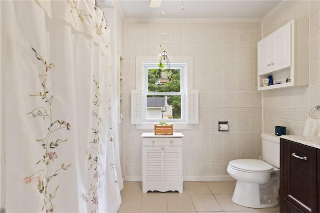 136 B St, Shade Twp, PA 15563 - full bath with vanity, tile patterned flooring, tile walls, crown molding, and a shower with curtain