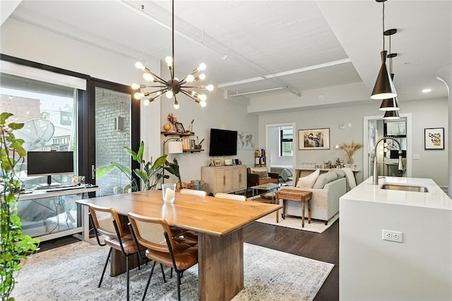 2545 Penn Ave Unit 208, Downtown Pgh, PA 15222 - dining area featuring wood finished floors, a chandelier, and recessed lighting