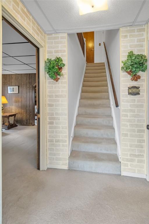 122 S Atlantic Ave, Cheswick, PA 15024 - staircase featuring carpet, wood walls, and a textured ceiling