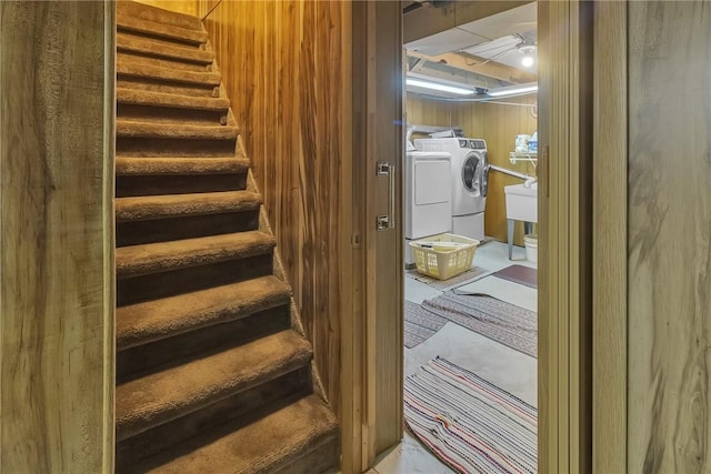 122 S Atlantic Ave, Cheswick, PA 15024 - stairs featuring wood walls and washer and clothes dryer