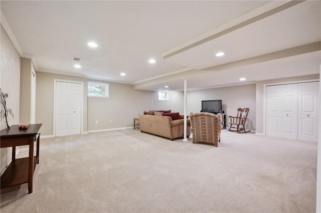 103 Cool Springs Ln, Penn Twp, PA 15636 - living room with light colored carpet, ornamental molding, and recessed lighting