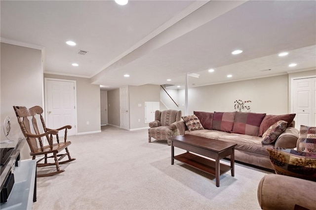 103 Cool Springs Ln, Penn Twp, PA 15636 - living room featuring recessed lighting, light carpet, and crown molding