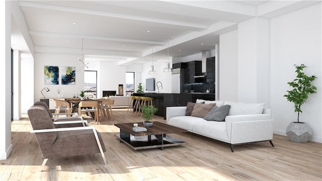 living room featuring a chandelier, light wood-type flooring, and beamed ceiling