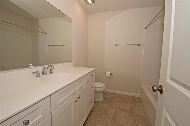 full bathroom featuring shower / washtub combination, toilet, tile floors, and vanity