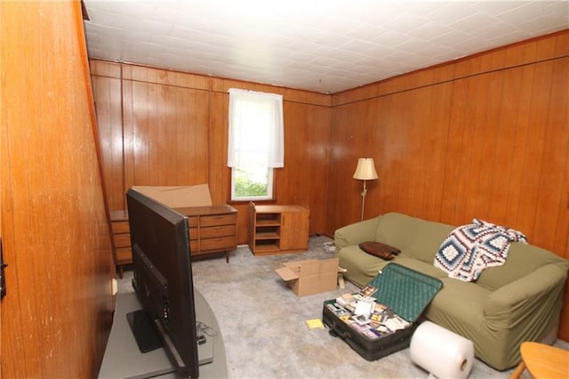 living room featuring wood walls