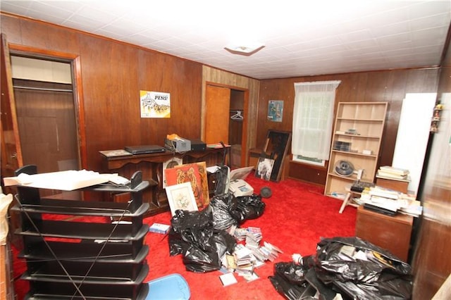 misc room with carpet floors and wooden walls