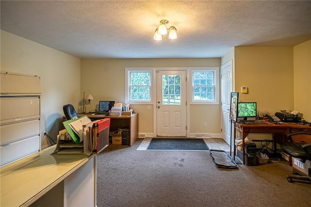 carpeted foyer entrance featuring a notable chandelier and a textured ceiling