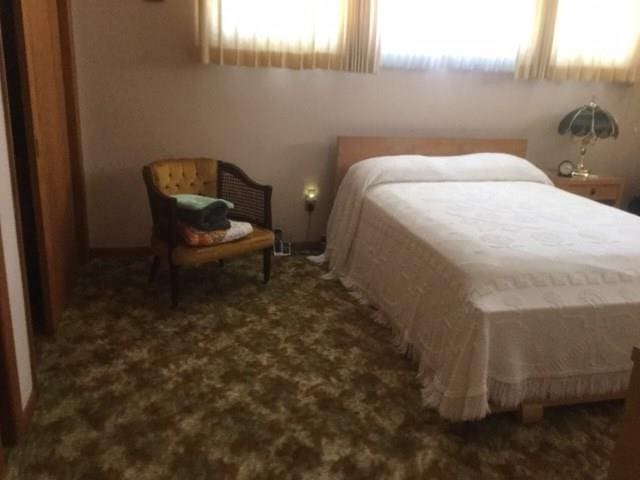 bedroom featuring dark carpet