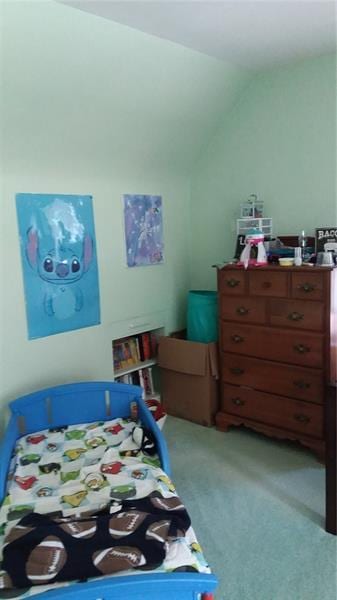 carpeted bedroom with lofted ceiling