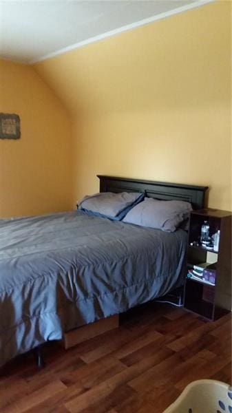 bedroom with dark hardwood / wood-style floors and vaulted ceiling