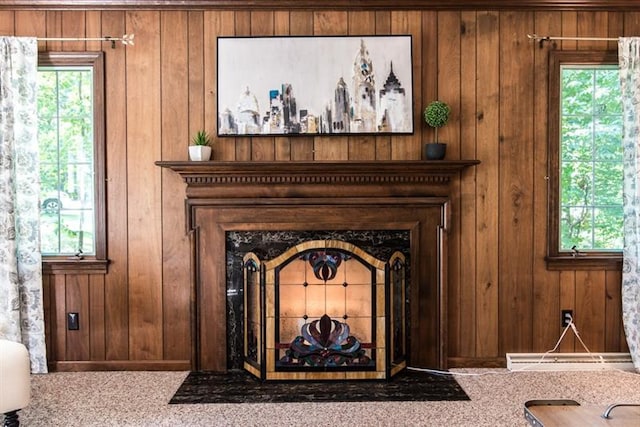 room details featuring wood walls and carpet