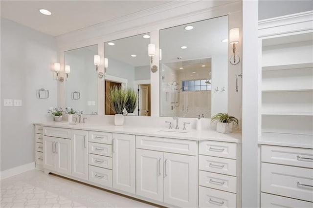 bathroom featuring tile flooring, double sink vanity, and built in shelves