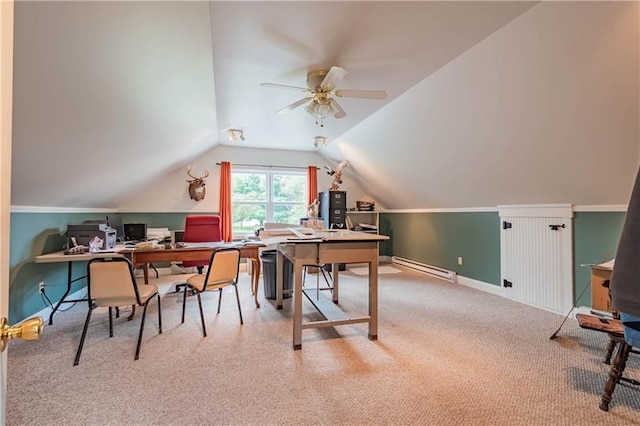 carpeted office space featuring ceiling fan, a baseboard heating unit, and vaulted ceiling