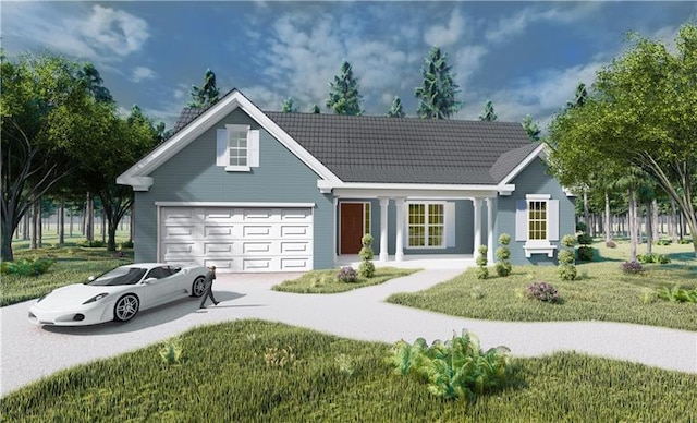 view of front of home featuring a front yard, a porch, and a garage