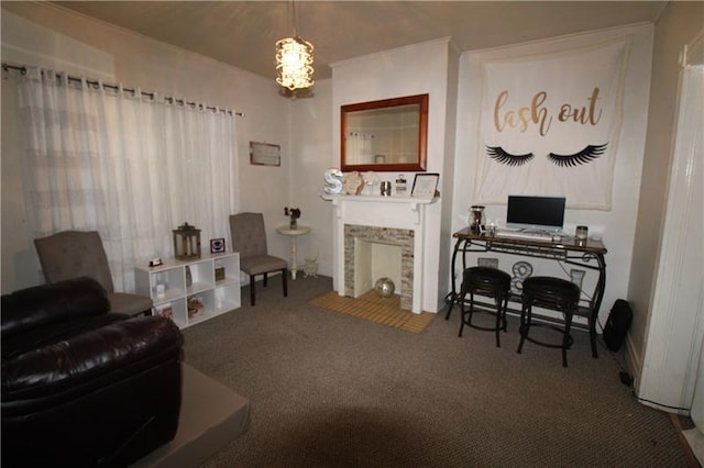 living area with carpet flooring and a fireplace