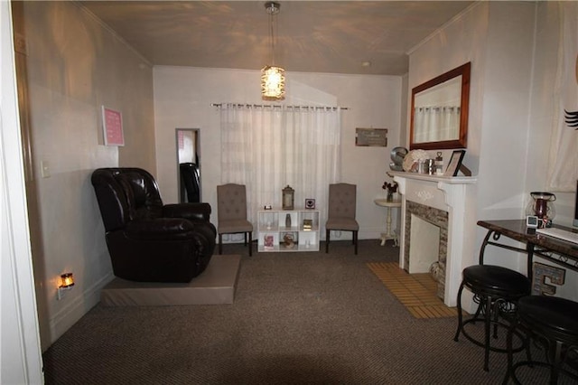 sitting room featuring dark carpet